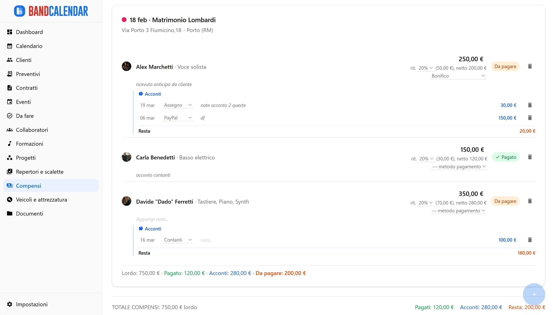 BandCalendar: gestione compensi musicisti per evento matrimonio — ritenuta d'acconto, acconti ricevuti, saldo da pagare per ogni collaboratore