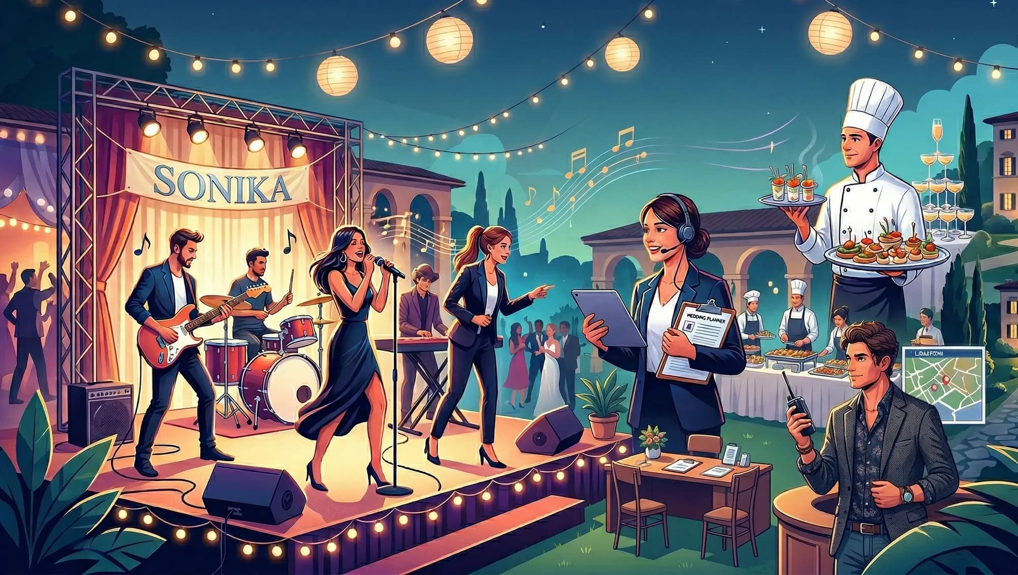 Band musicisti e wedding planner coordinano timeline e scaletta del matrimonio nella location prima dell'evento