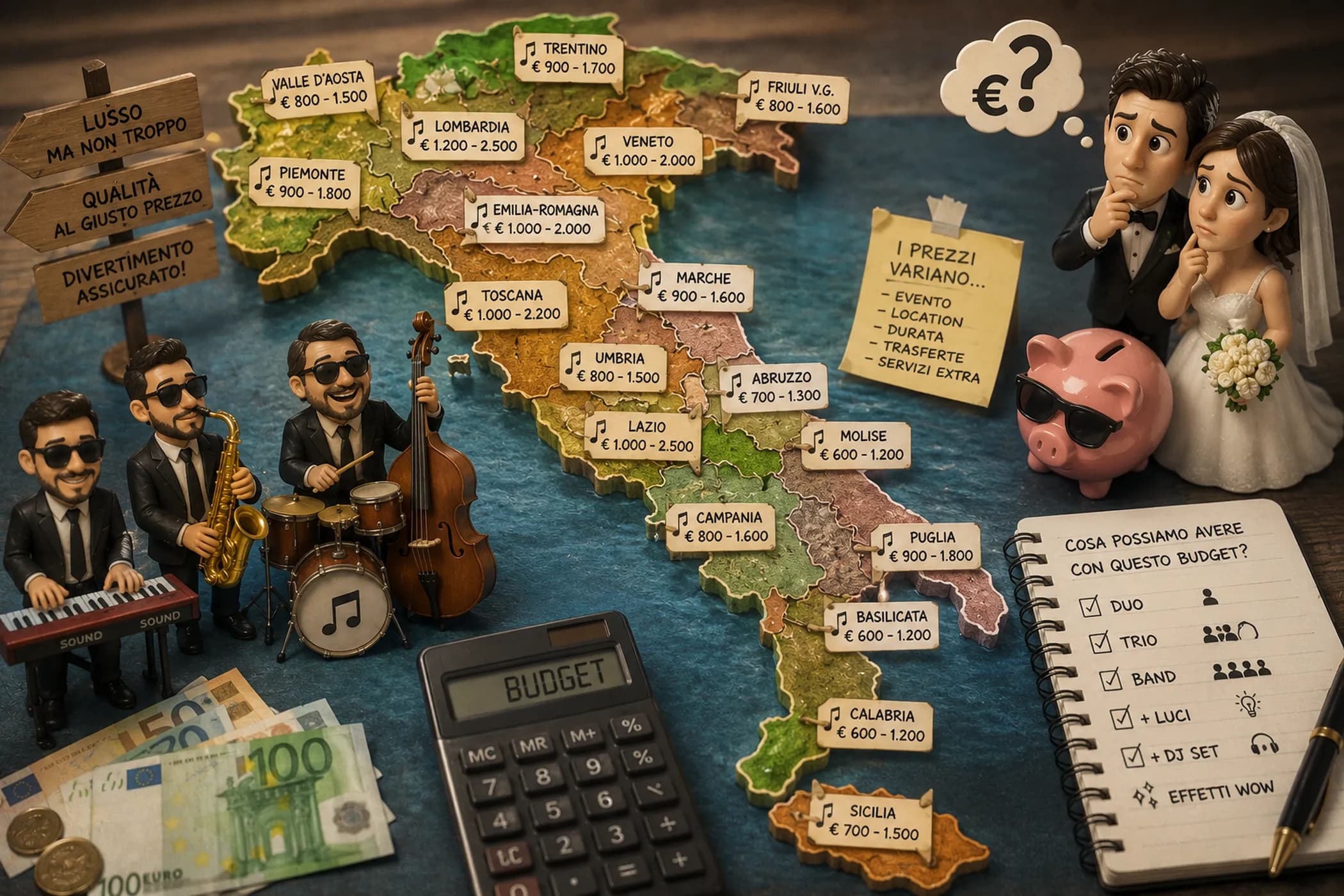 Quanto costa una band per matrimonio in Italia nel 2026: prezzi medi per regione — da Milano e Roma a Palermo e Lecce — con dati reali da matrimonio.com, ProntoPro e Cronoshare per band da matrimonio italiane e destination wedding