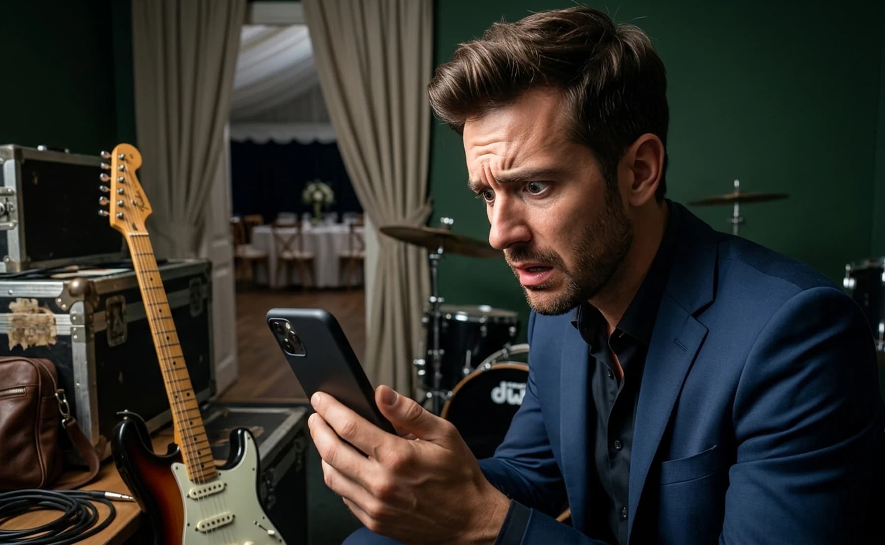 Musicista in giacca che legge una recensione negativa sul telefono in una sala matrimoni, con chitarra e batteria sullo sfondo