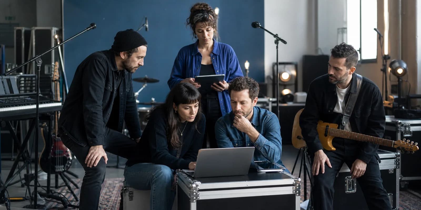 Cinque musicisti italiani confrontano calendario, ingaggi e organizzazione della band su computer e tablet in sala prove