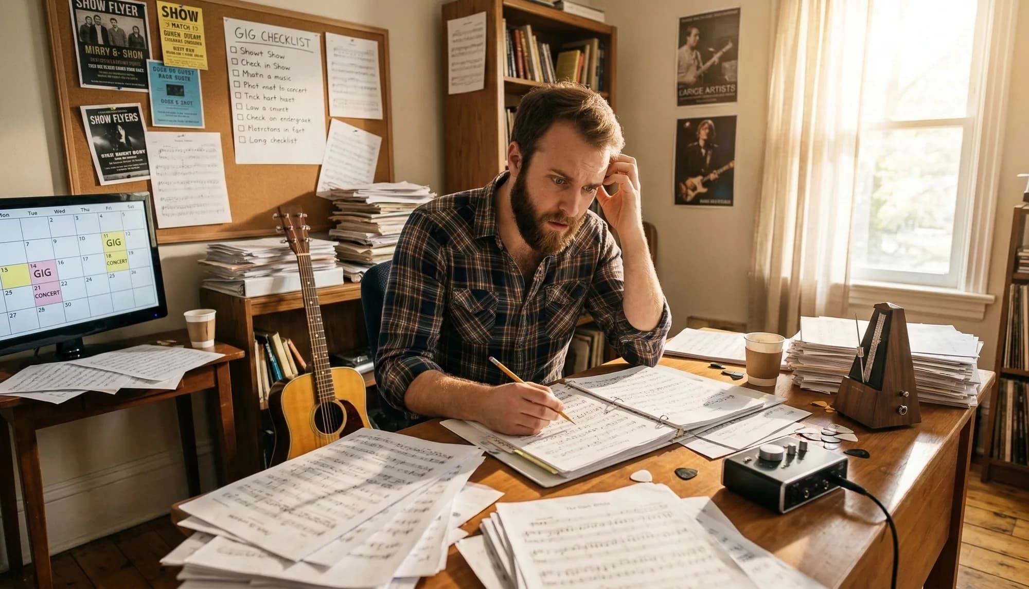 Musicista session man o sostituto che studia scaletta e repertorio prima del primo ingaggio — preparazione professionale per concerti e matrimoni