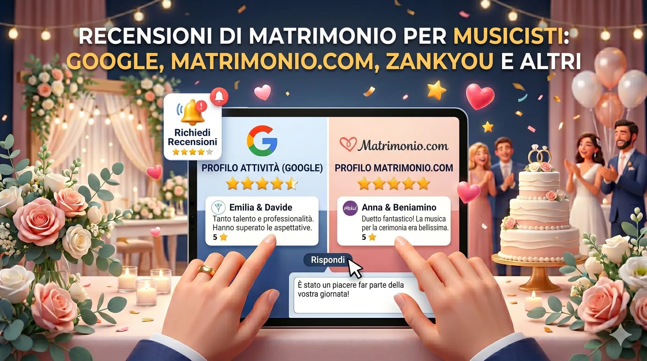 Tablet con schermata divisa: profilo Google con recensione 5 stelle di Emilia & Davide e profilo Matrimonio.com con recensione di Anna & Beniamino — mani che digitano una risposta alla recensione durante un ricevimento di matrimonio
