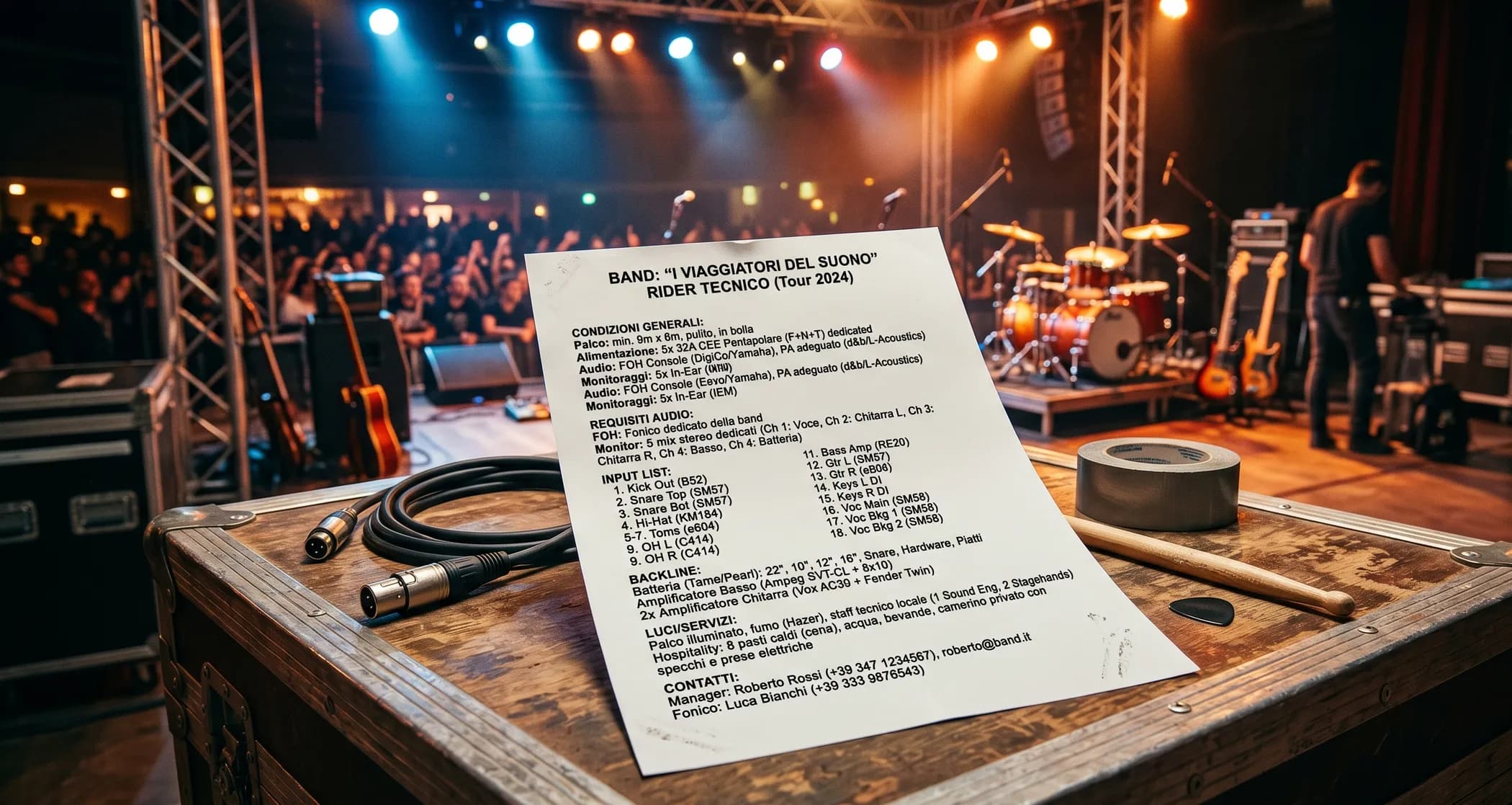Rider tecnico di una band musicale su flight case davanti a palco live con strumenti, luci, cavi audio e fonico