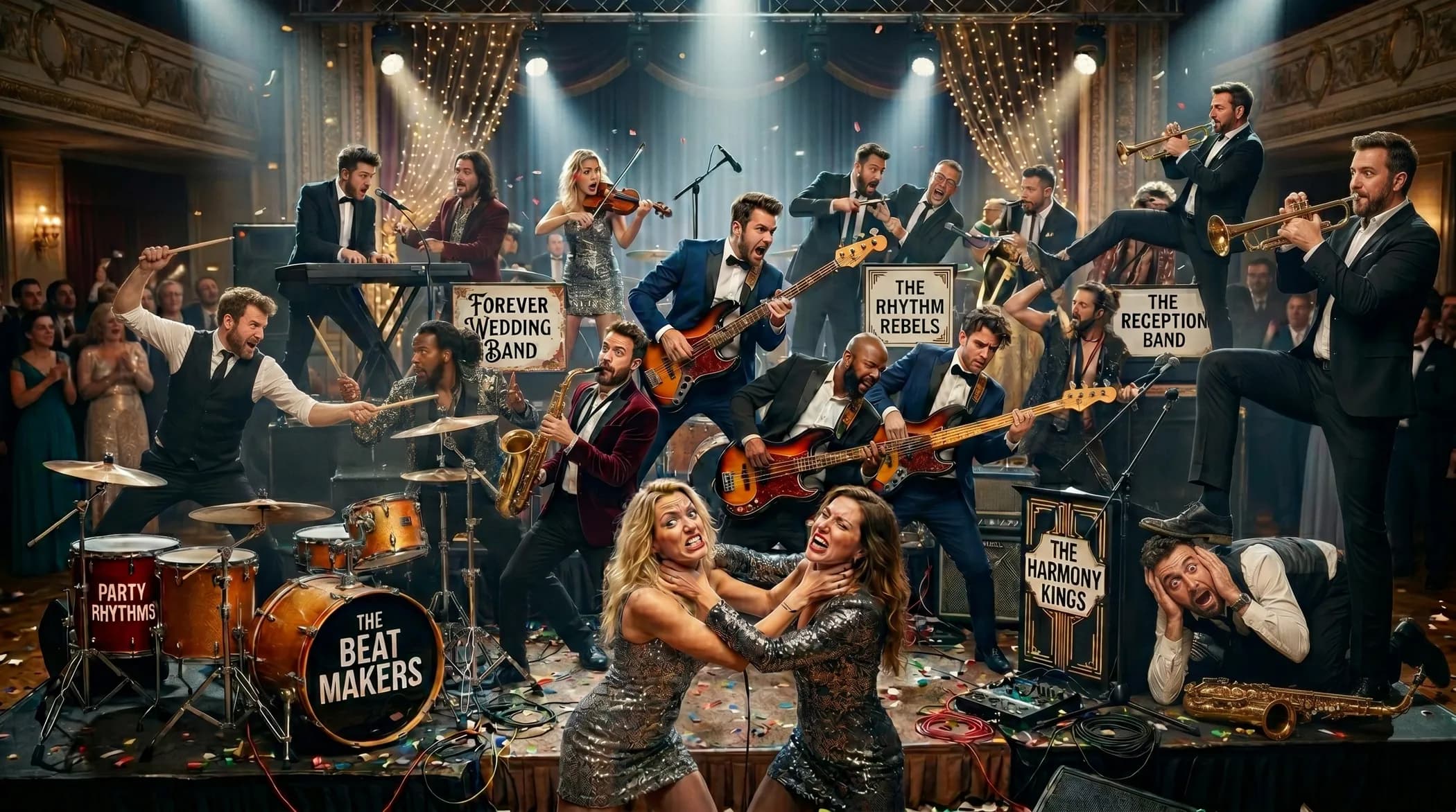 Wedding band dal vivo durante un ricevimento di matrimonio affollato: musicisti professionisti sul palco e invitati in pista, esempio di come differenziarsi nel mercato delle band per matrimoni