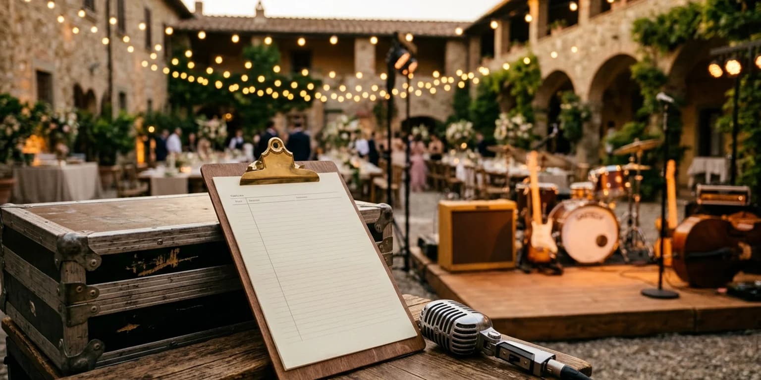 Scaletta oraria e programma del matrimonio su blocco appunti accanto a un microfono vintage, con palco della band illuminato da lucine al tramonto