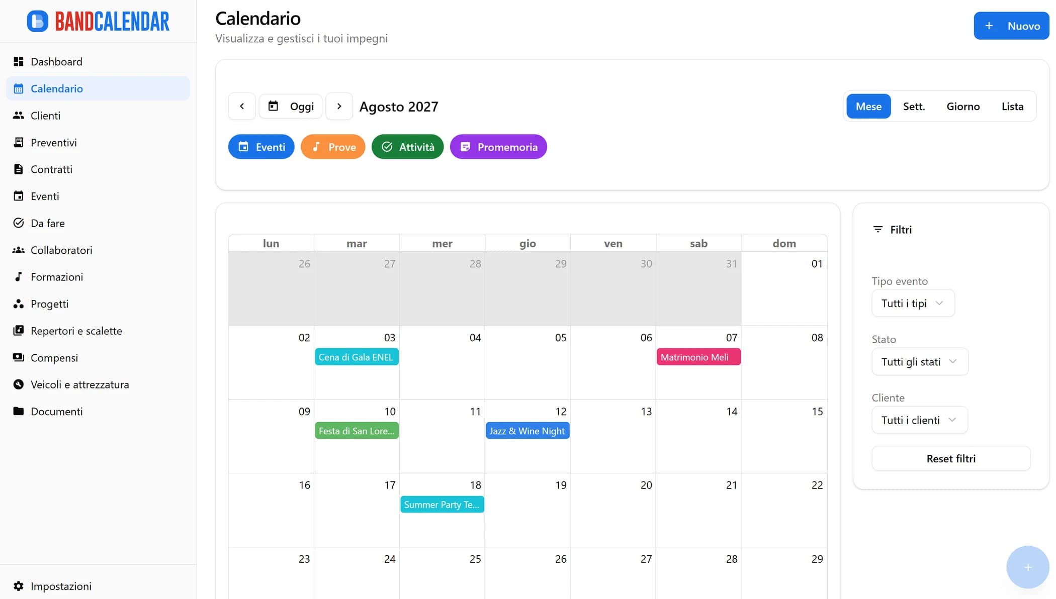 Calendario mensile BandCalendar con eventi, prove, attività e promemoria colorati per tipologia
