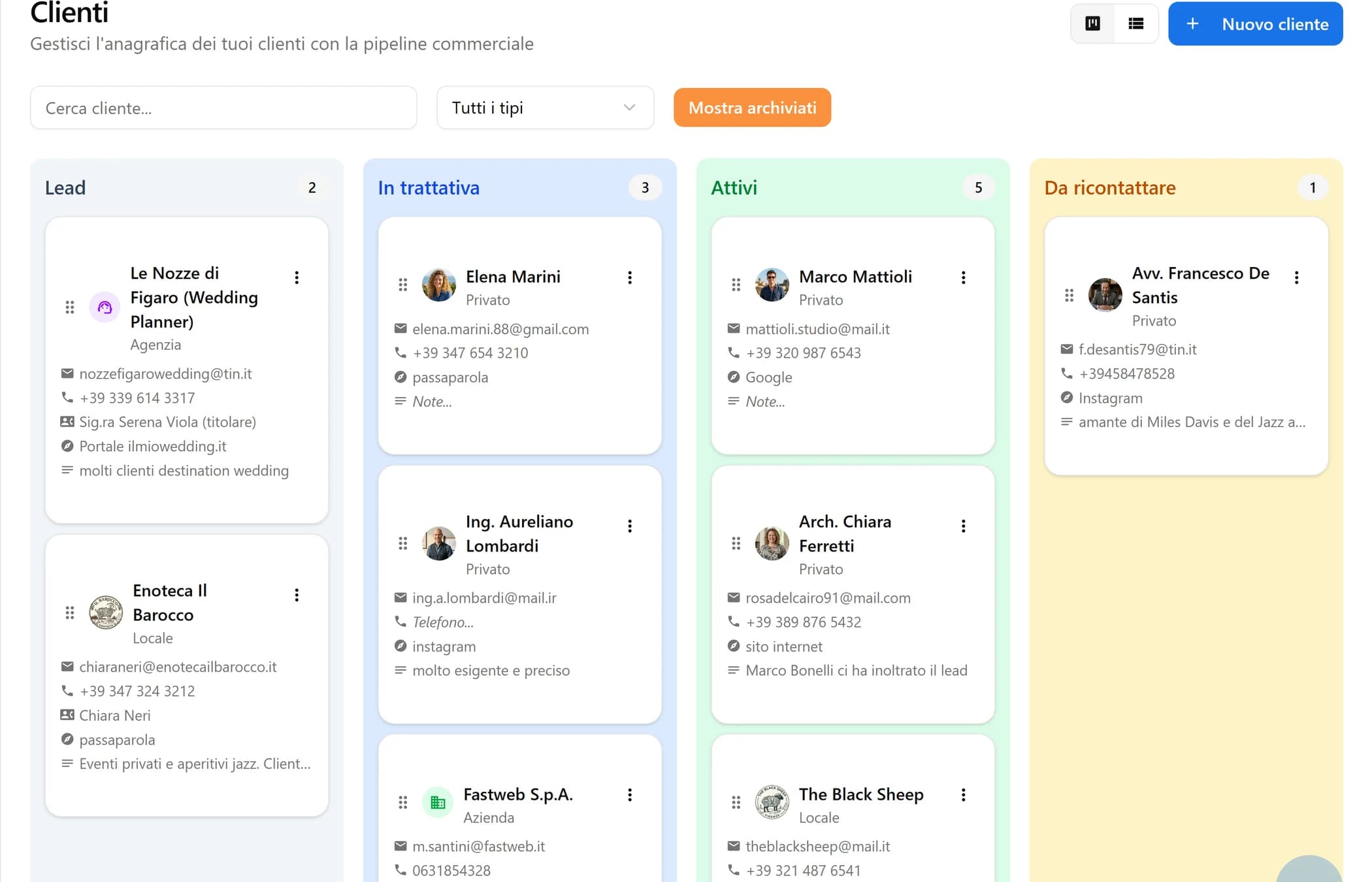 Pipeline clienti BandCalendar in vista Kanban con le fasi Lead, In trattativa, Attivi e Da ricontattare