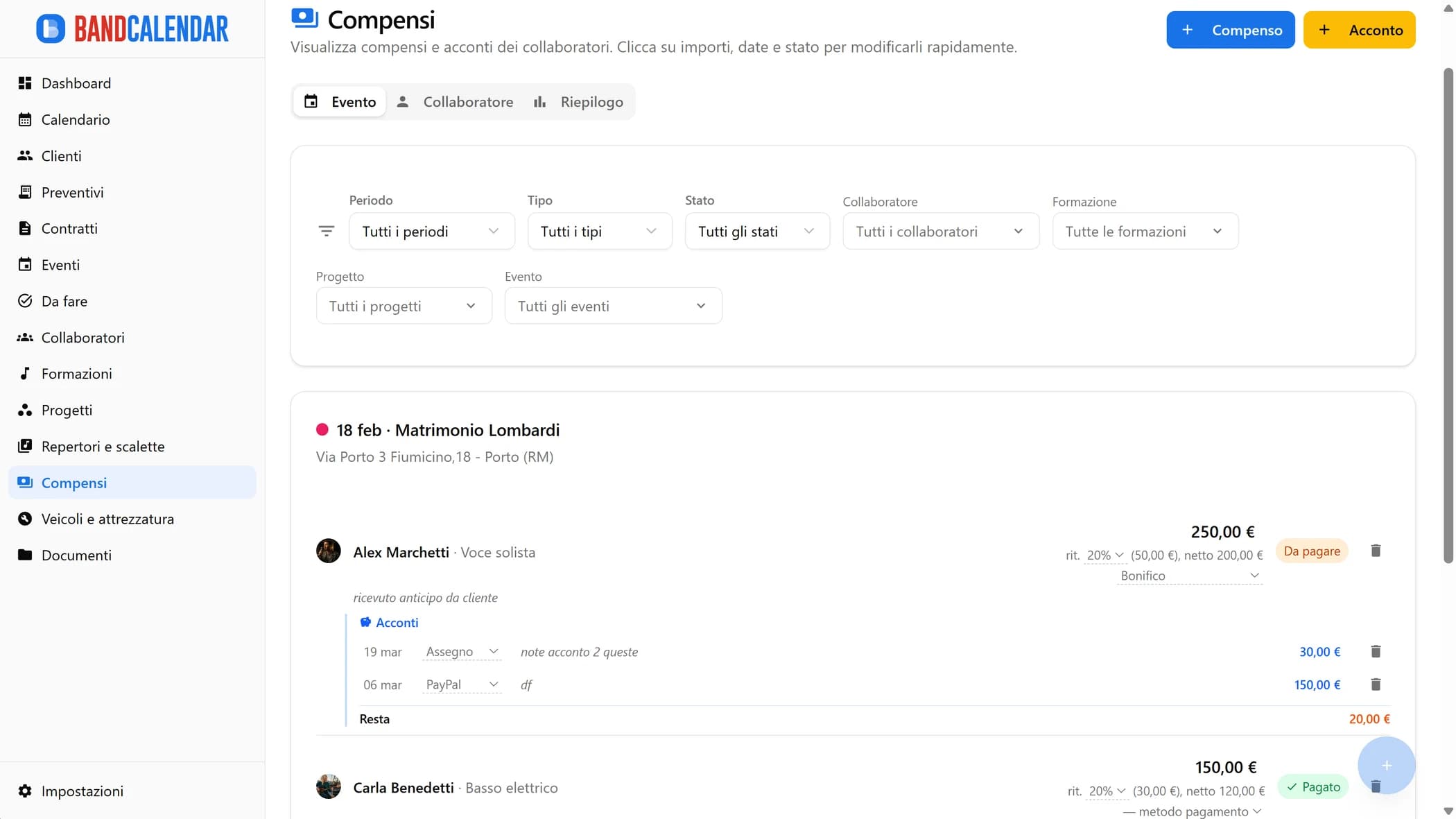Vista compensi per evento BandCalendar con importi lordi, ritenute, netti, acconti e stato pagamento