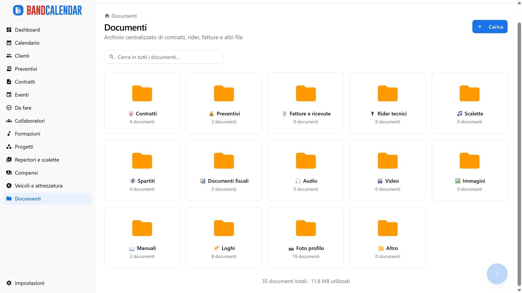 Archivio documenti BandCalendar con categorie, miniature, anteprime e file collegati