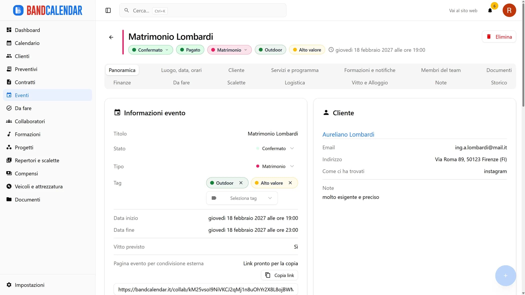 Panoramica del dettaglio evento BandCalendar con tab aggiornate, informazioni evento, cliente, tag, date e link di condivisione esterna