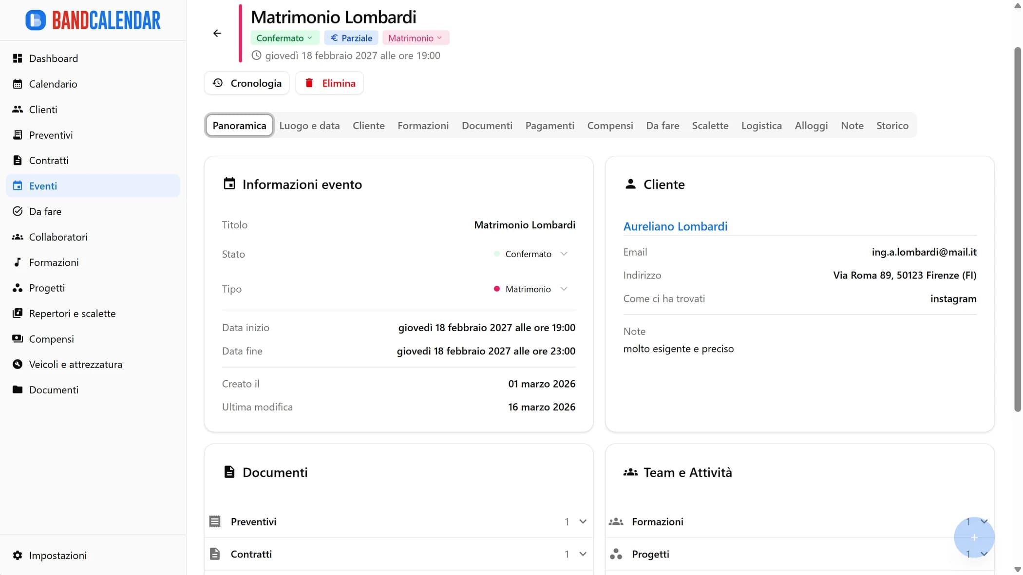Panoramica evento BandCalendar con informazioni principali, data, cliente, formazione e associazioni