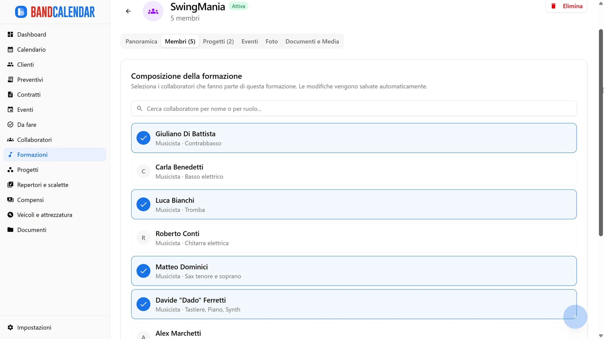 Tab membri formazione BandCalendar con collaboratori, ruoli musicali e composizione dell'organico