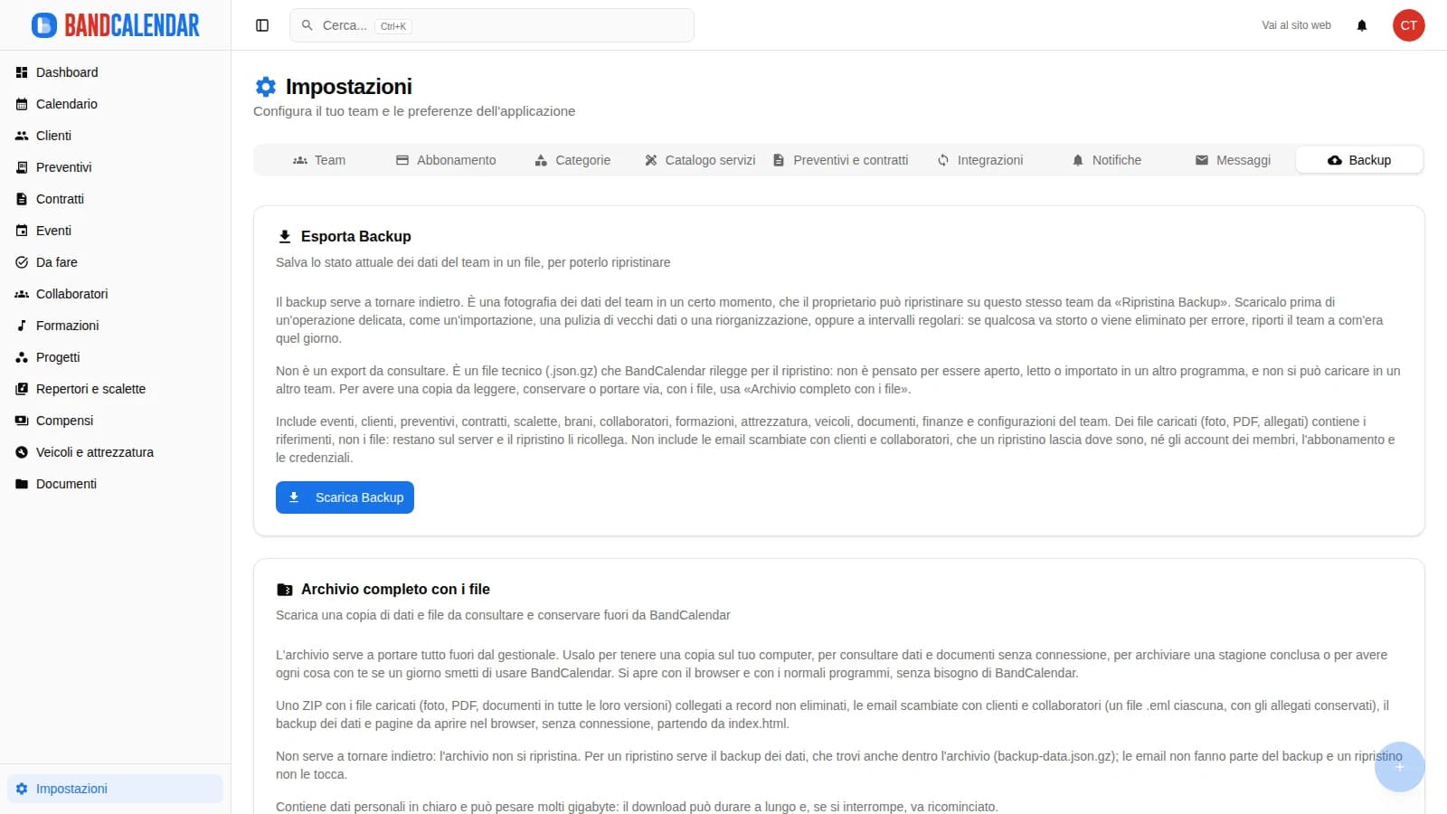 Scheda Backup delle impostazioni di BandCalendar con Esporta Backup e Archivio completo con i file