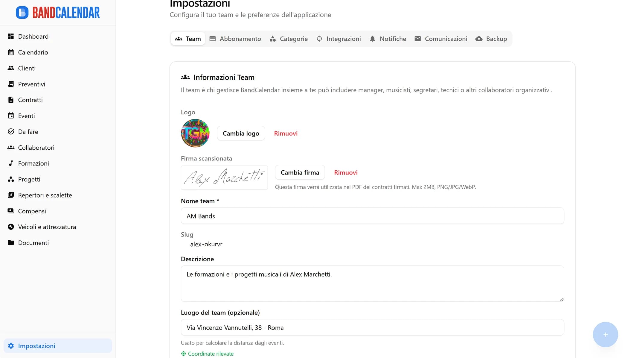 Impostazioni del team in BandCalendar con dati, logo e gestione dei membri