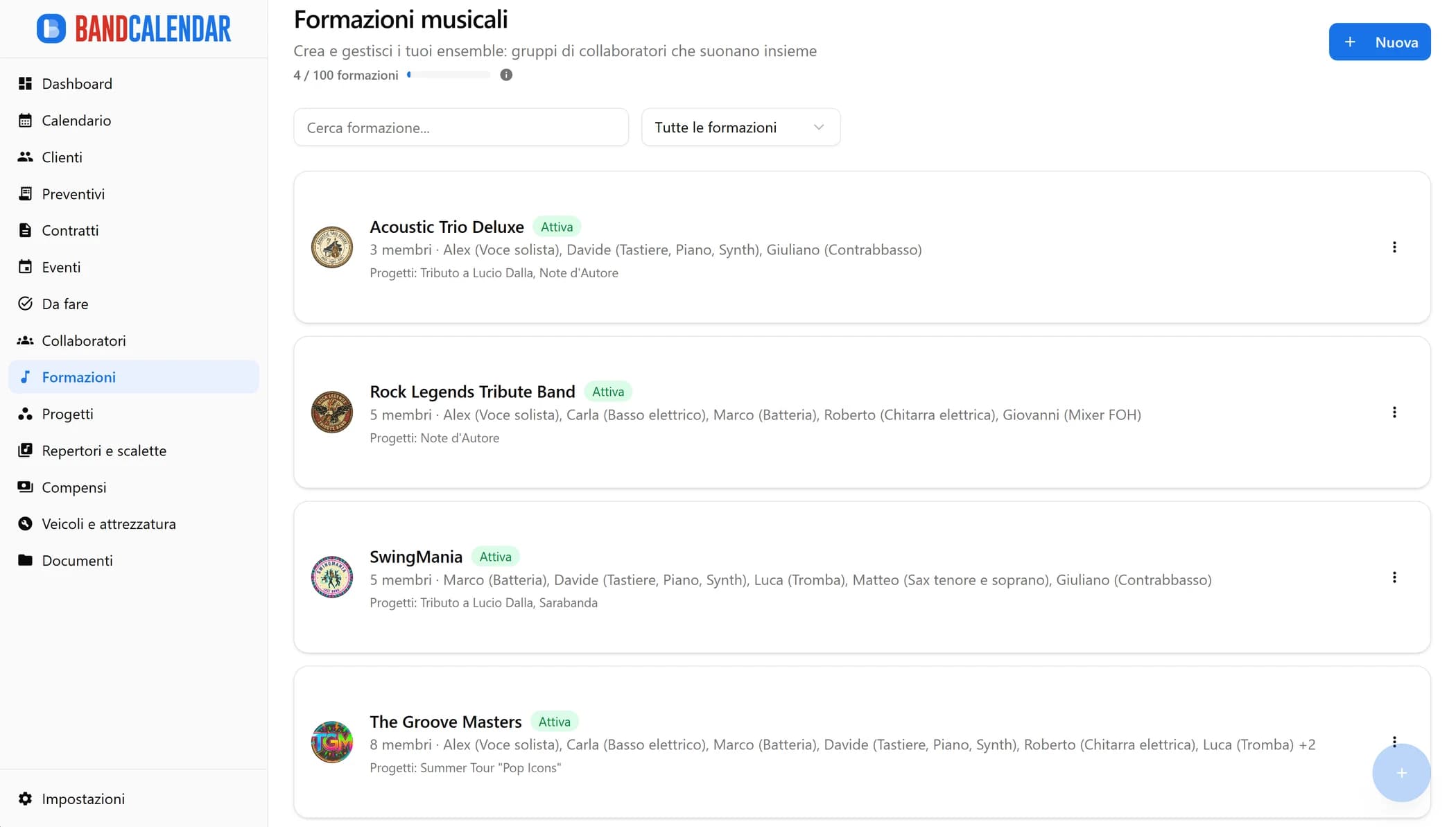 Lista formazioni BandCalendar con card, membri, stato e progetti associati