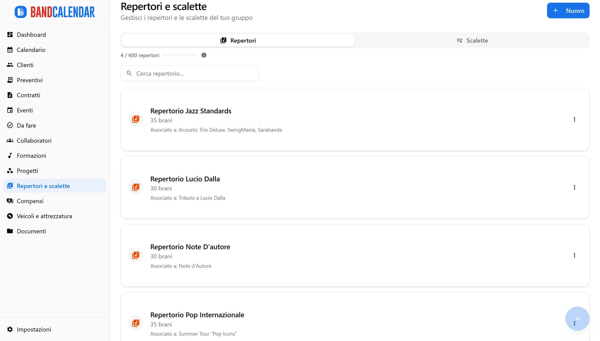 Lista repertori BandCalendar con conteggio brani, durata totale e associazioni musicali