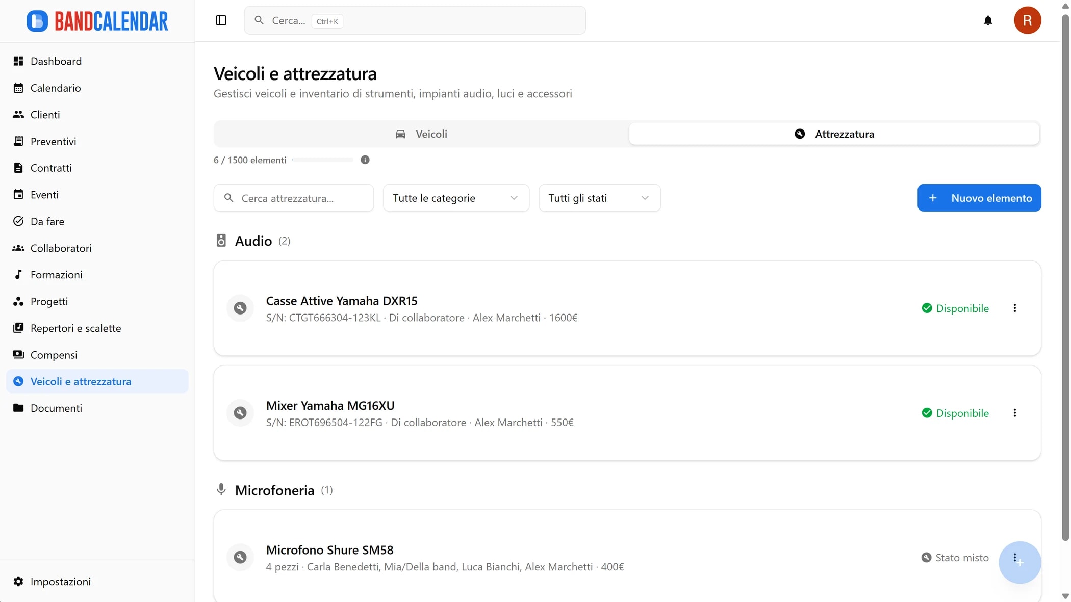 Inventario attrezzatura BandCalendar con categorie, stato, proprietà, quantità e disponibilità