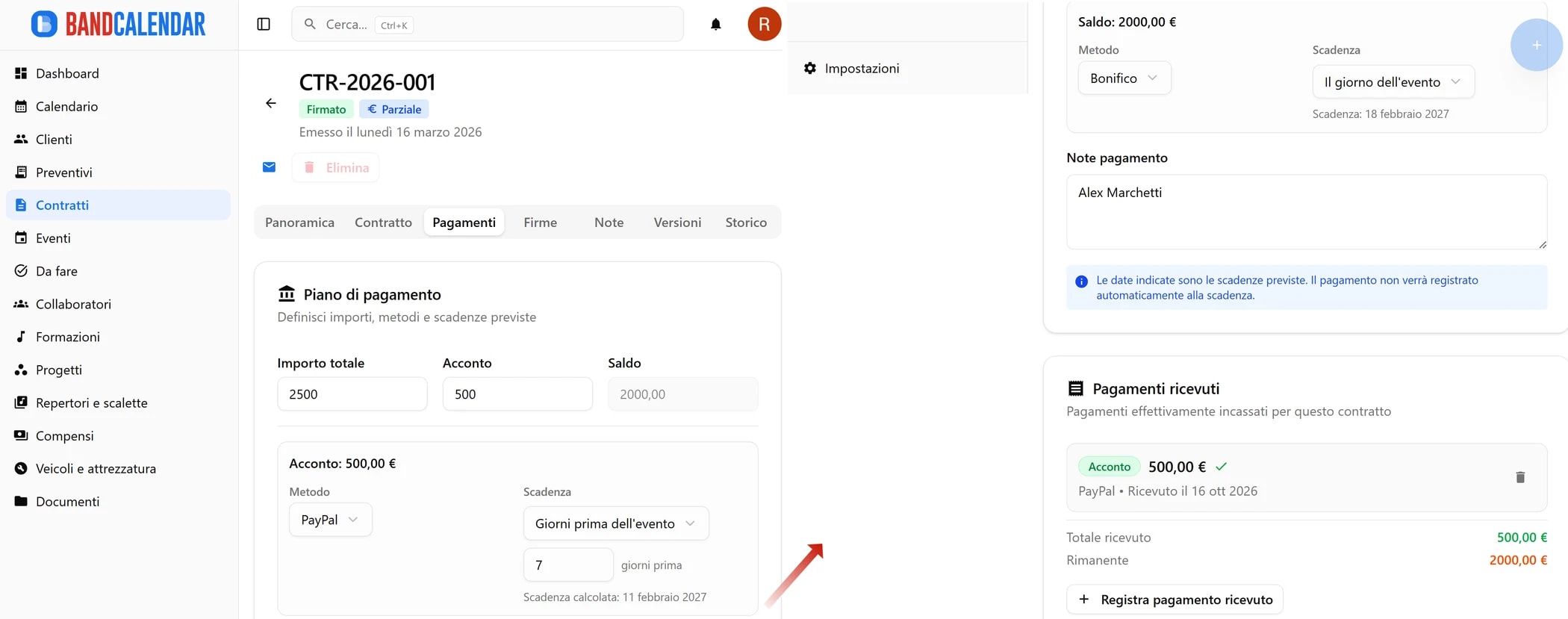 Tab pagamenti contratto BandCalendar con saldo residuo, versamenti ricevuti e stato pagamento