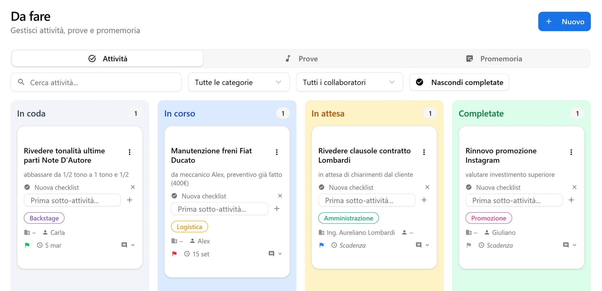 Board Kanban attività BandCalendar per organizzare task, priorità e promemoria operativi della band