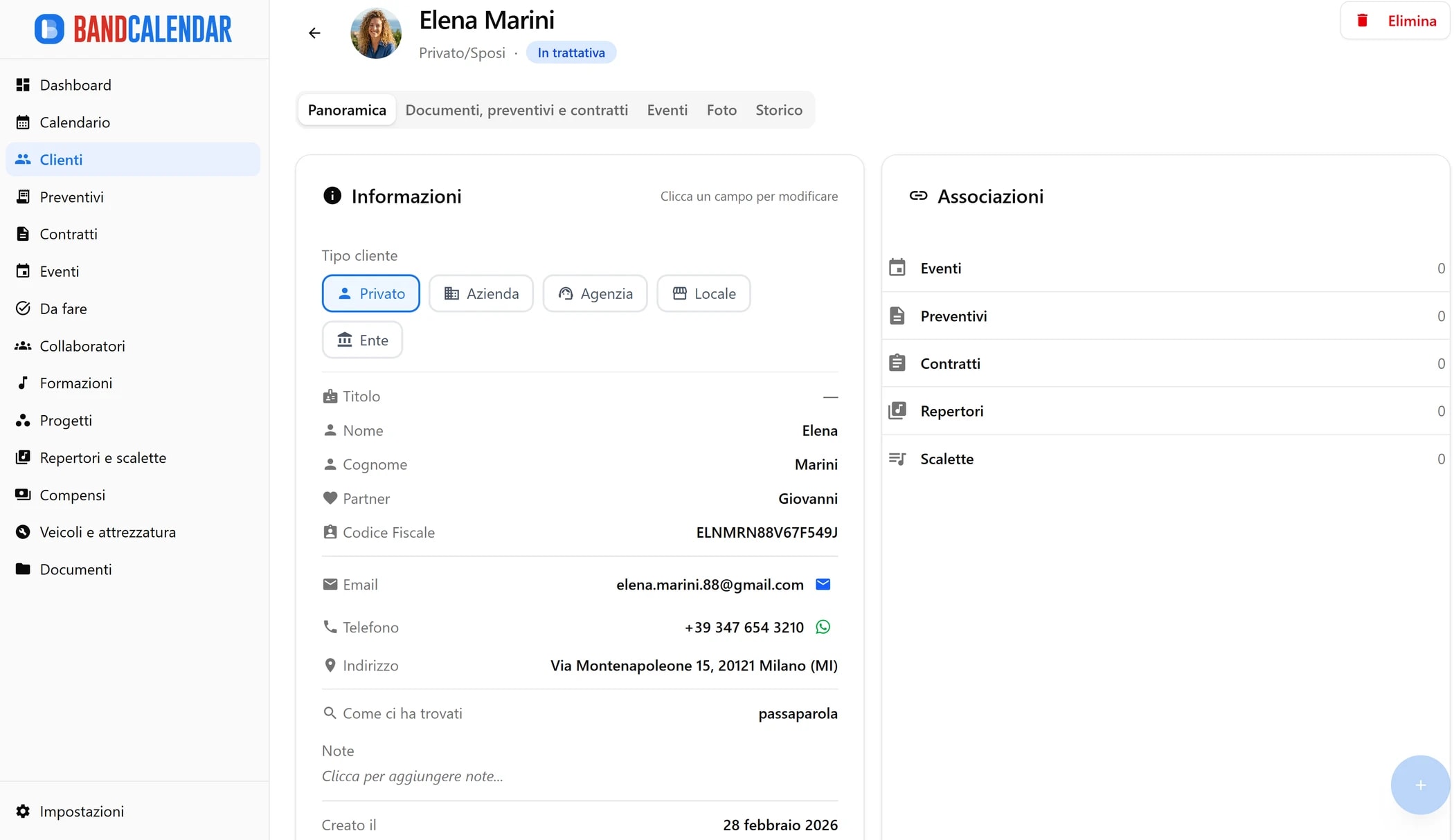 Scheda dettaglio cliente BandCalendar con contatti, informazioni principali, eventi e associazioni