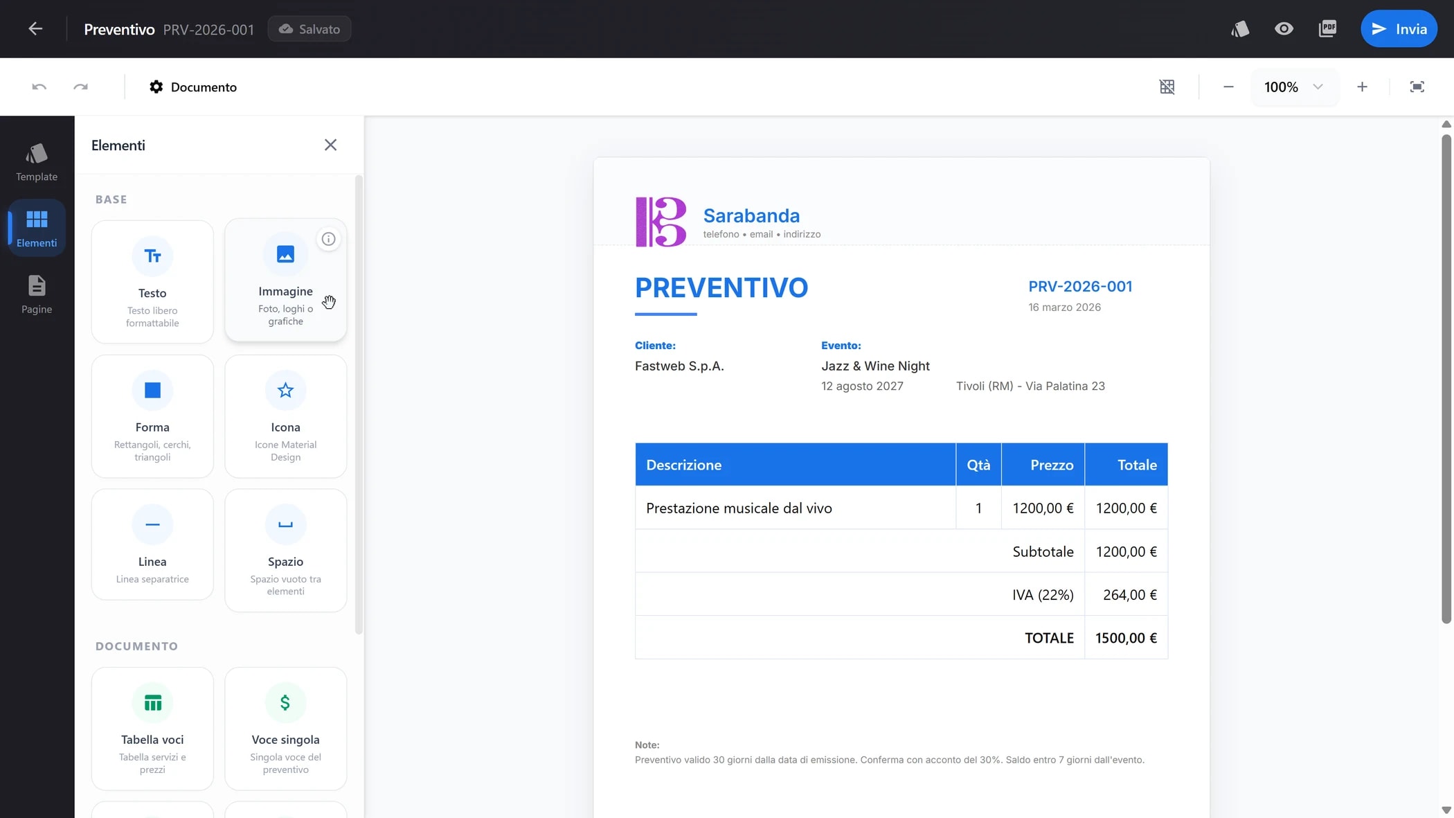 Editor preventivo BandCalendar con template contenuto, layout documento e anteprima per PDF professionali
