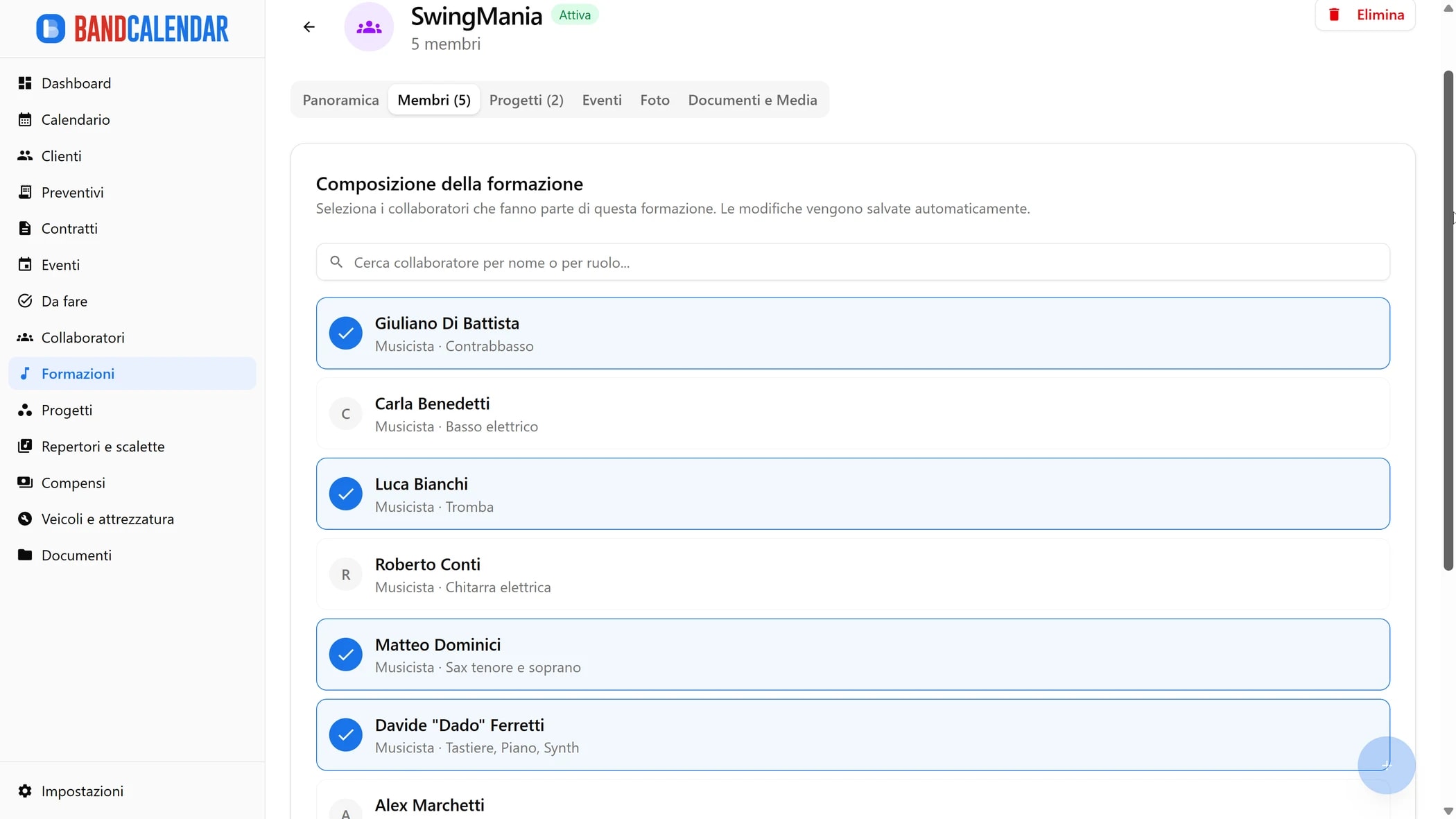 Tab membri formazione BandCalendar con collaboratori, ruoli musicali e composizione dell'organico