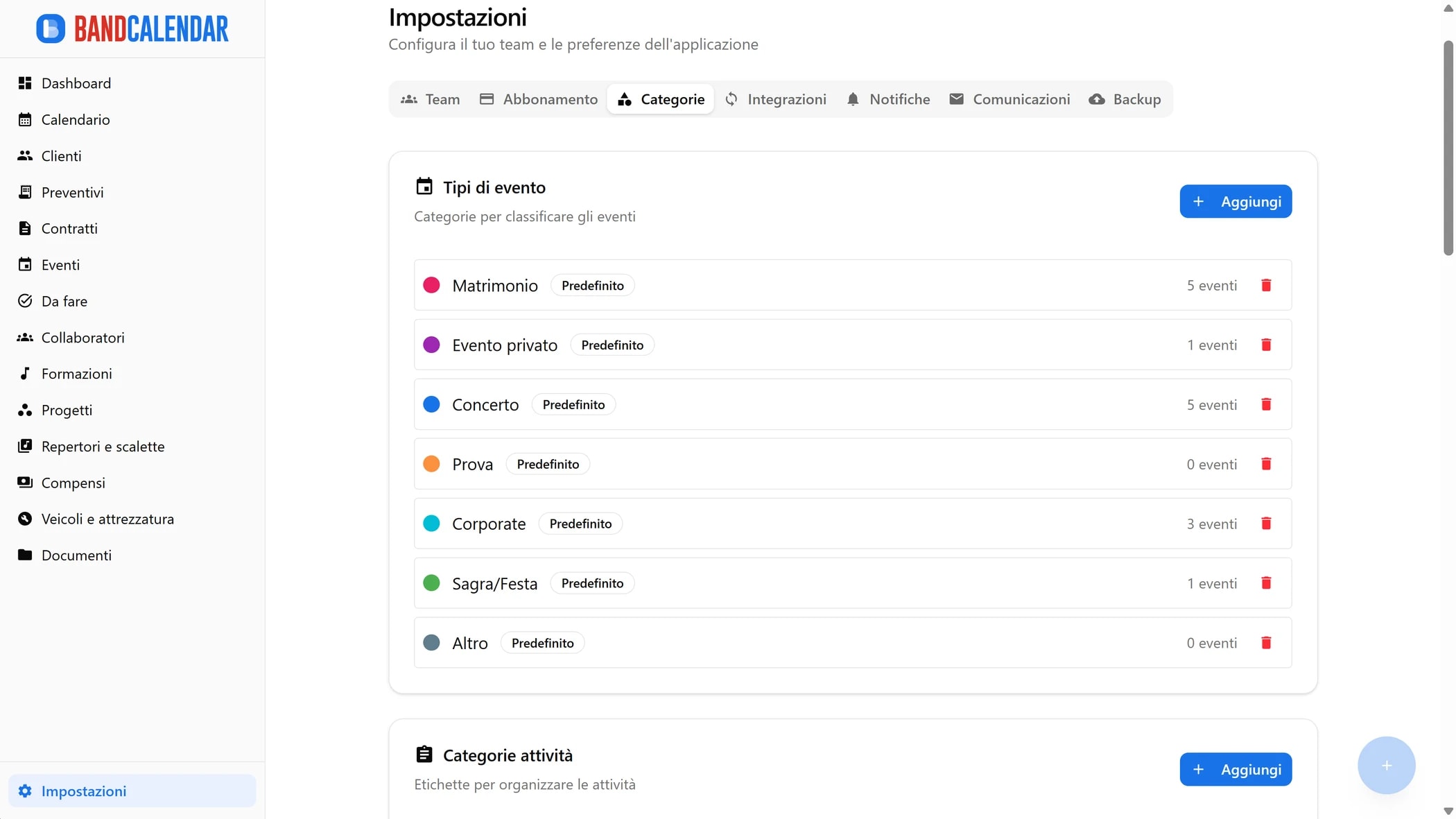 Impostazioni categorie BandCalendar per personalizzare tipi evento, attività, collaboratori, veicoli e attrezzatura