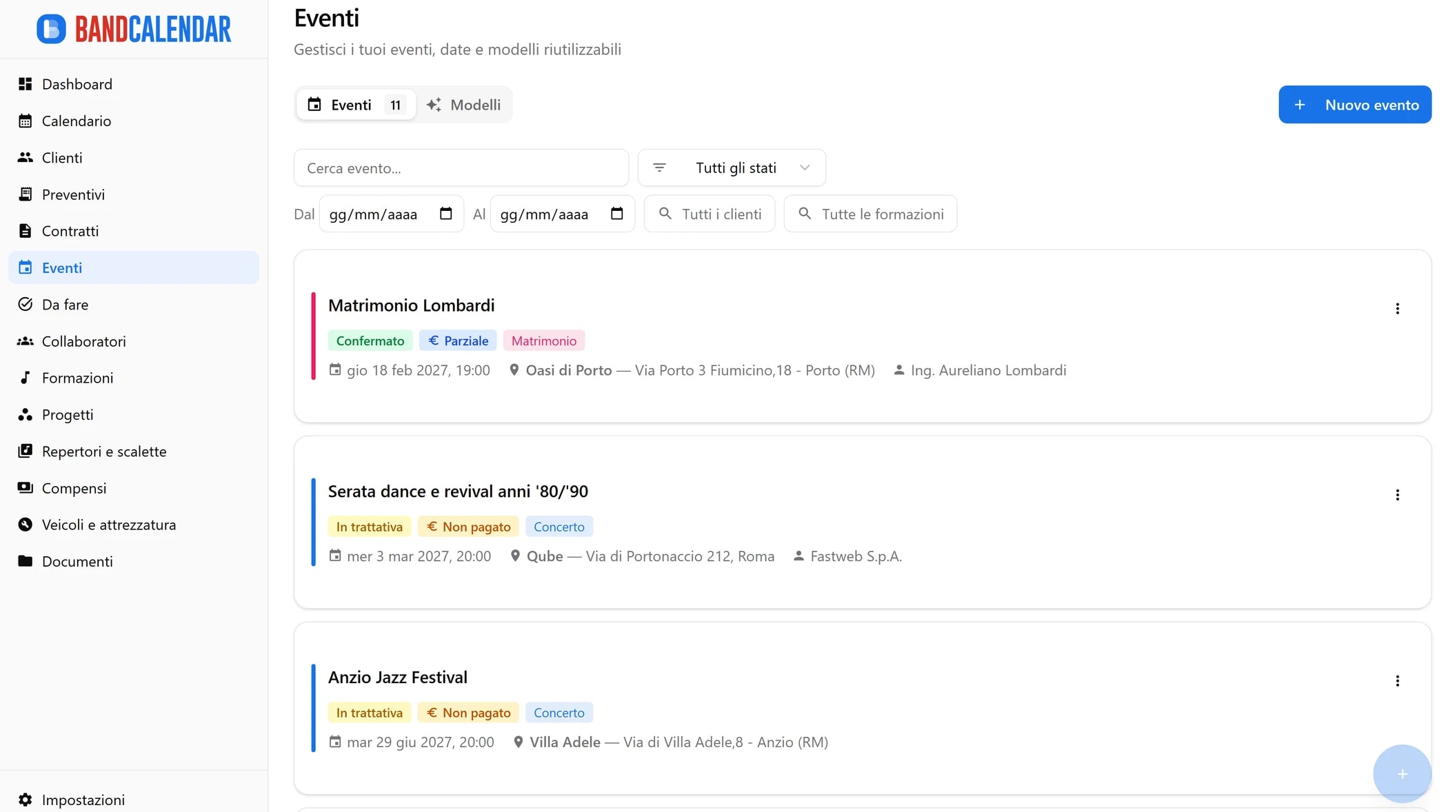 Lista eventi BandCalendar con filtri, stati evento e gestione calendario per band e musicisti