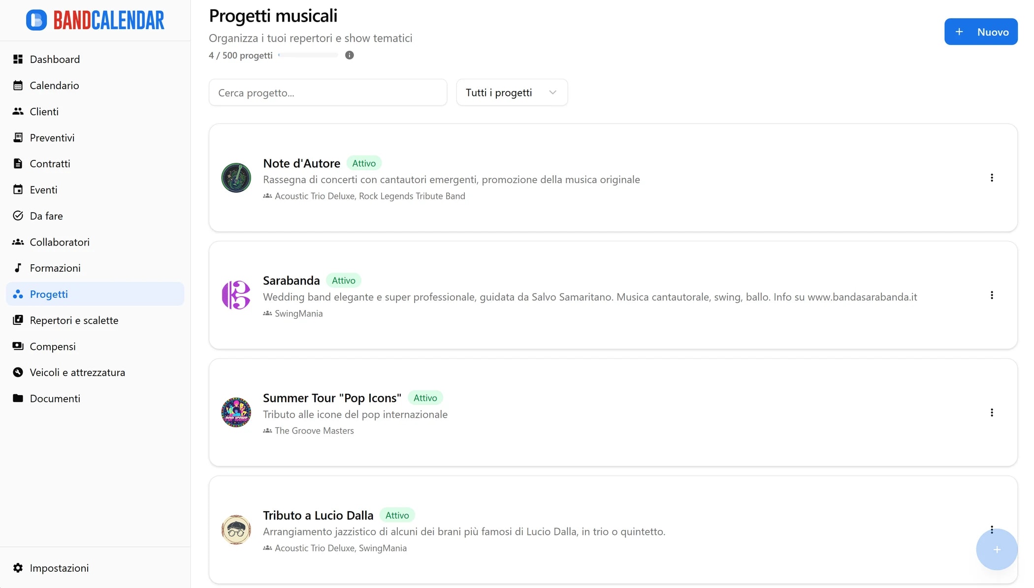 Lista progetti BandCalendar con card per gestire produzioni, formazioni, eventi e scalette