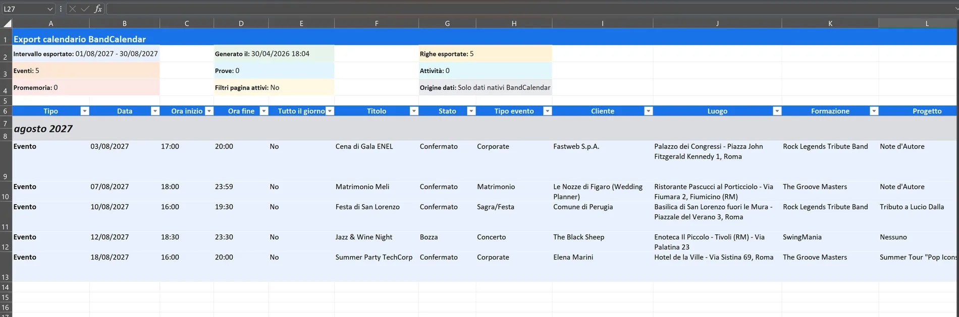 File Excel esportato dal calendario BandCalendar con riepilogo, separatori mensili e righe colorate per eventi, prove, attività e promemoria