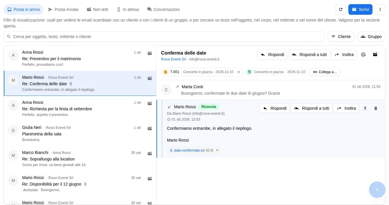 Casella email del team in BandCalendar — posta in arrivo e conversazione con un cliente collegata a evento e preventivo