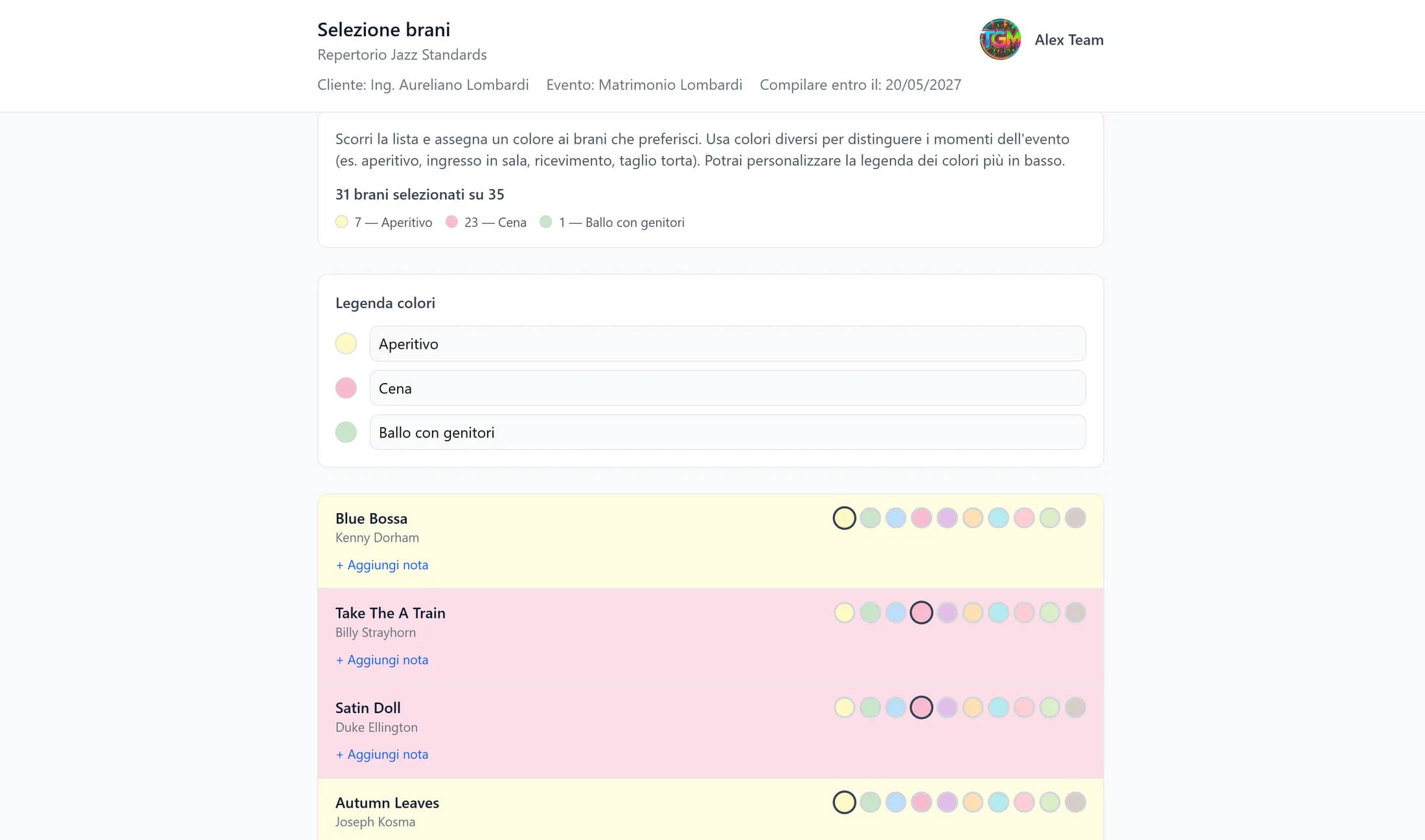 Condivisione repertorio musicale e selezione brani per matrimonio: sposi che scelgono le canzoni su landing page professionale da inviare al cliente