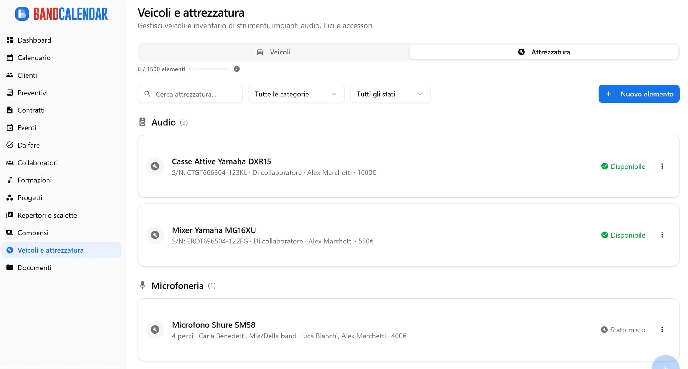 Gestionale BandCalendar: sezione veicoli e attrezzatura con inventario attrezzatura musicale, assegnazione veicoli ed eventi per organizzazione logistica band