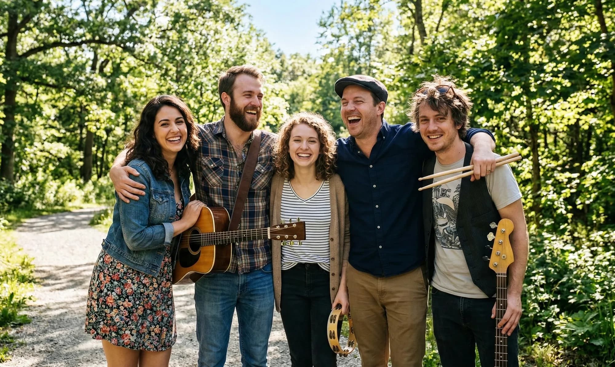 Gruppo musicale felice e unito dopo un concerto — band con ruoli chiari e organizzazione efficace