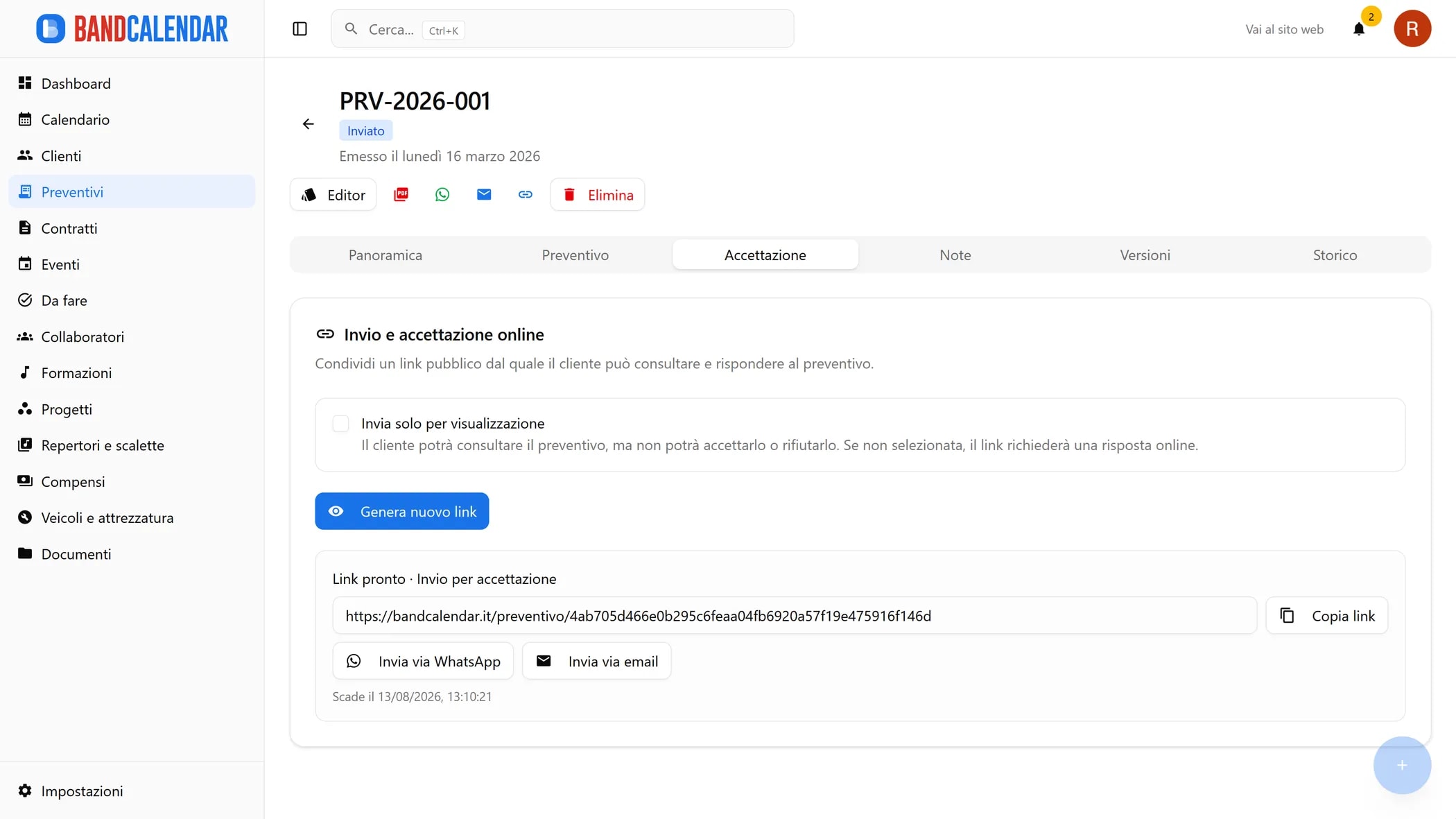 Tab Accettazione del preventivo BandCalendar con link pubblico protetto, modalità sola visualizzazione e azioni di invio tramite WhatsApp ed email