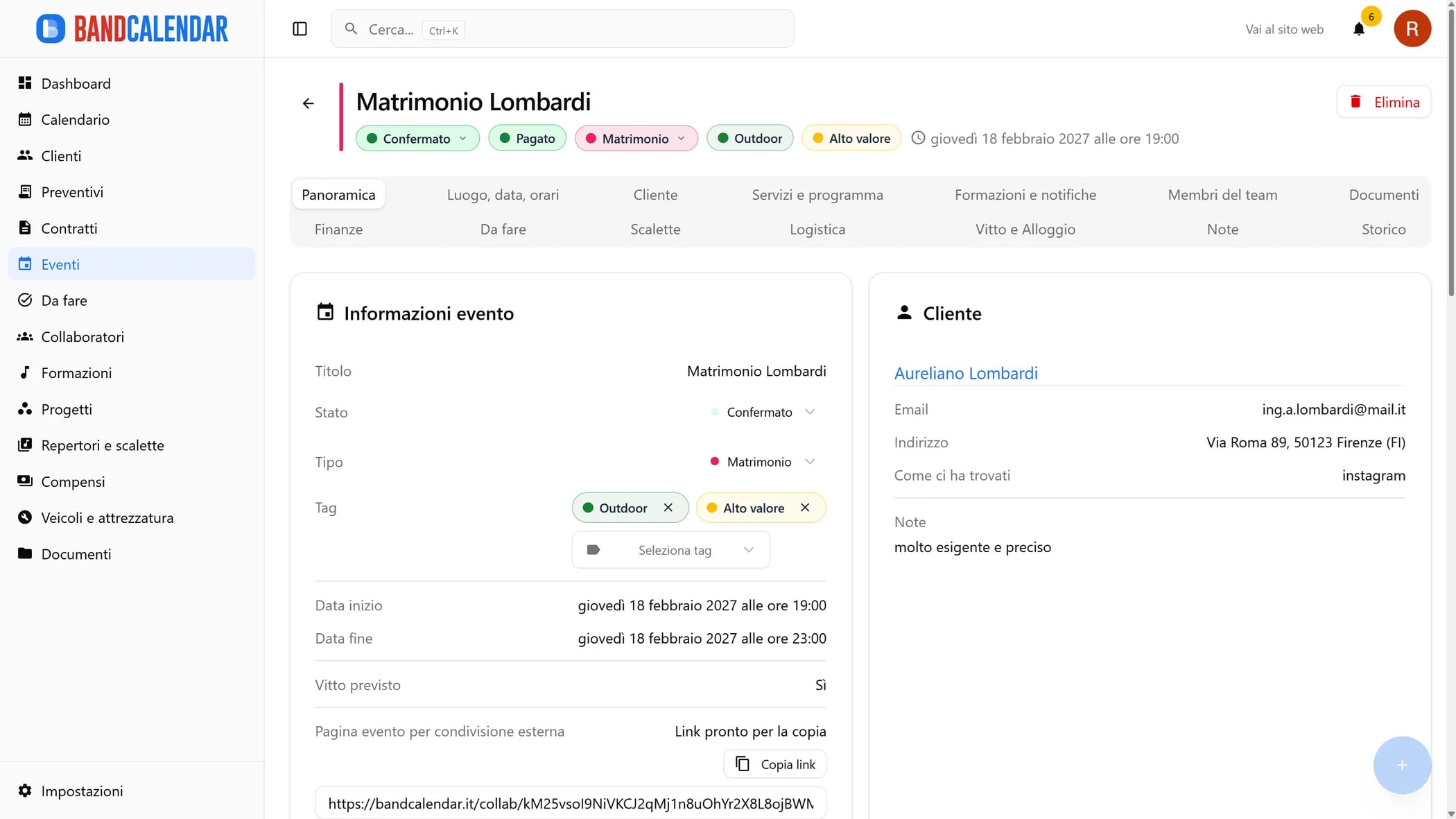 Panoramica del dettaglio evento BandCalendar con tab aggiornate, informazioni evento, cliente, tag, date e link di condivisione esterna