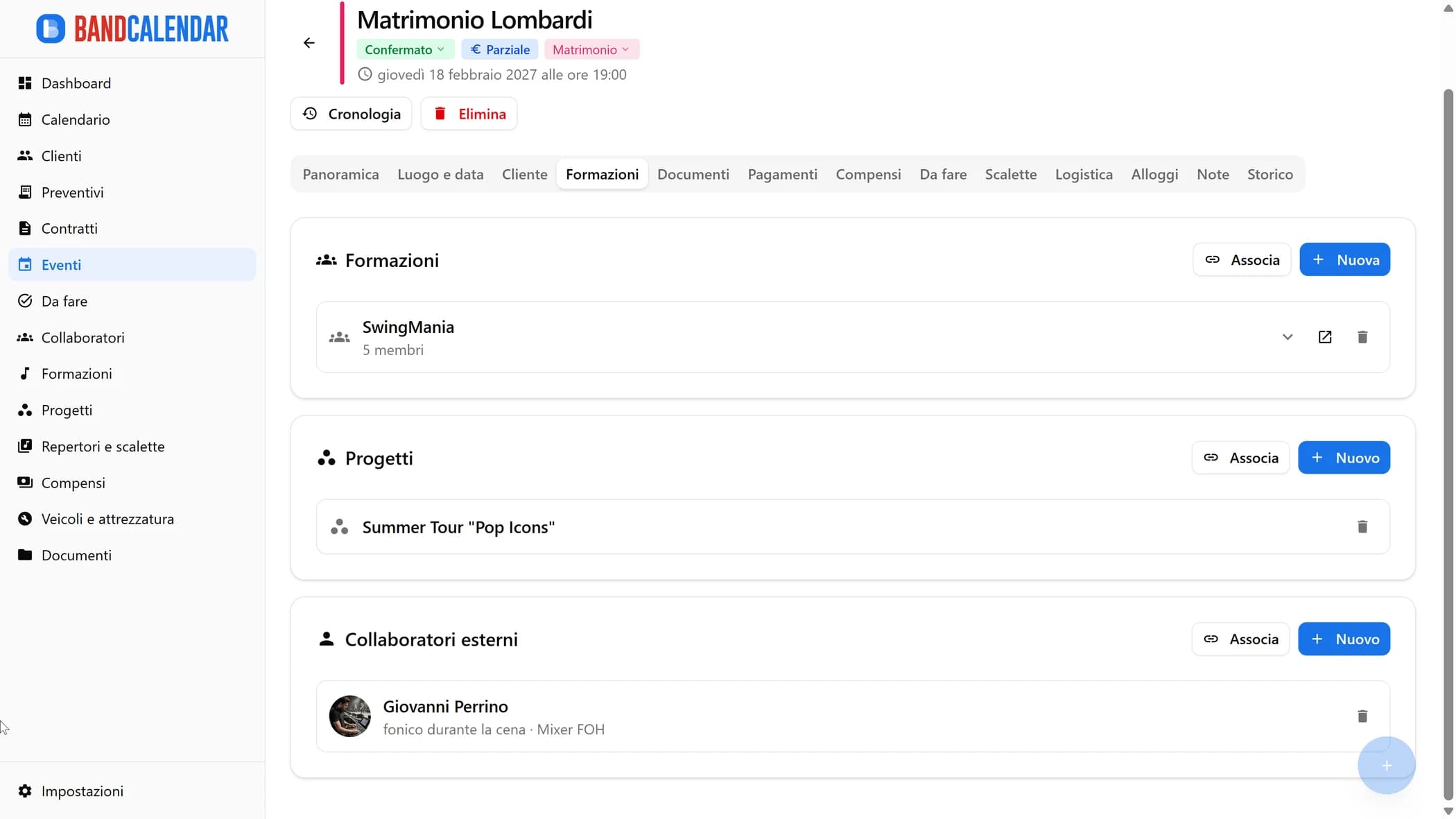 Tab formazioni evento BandCalendar con collaboratori, ruoli, strumenti e organico reale