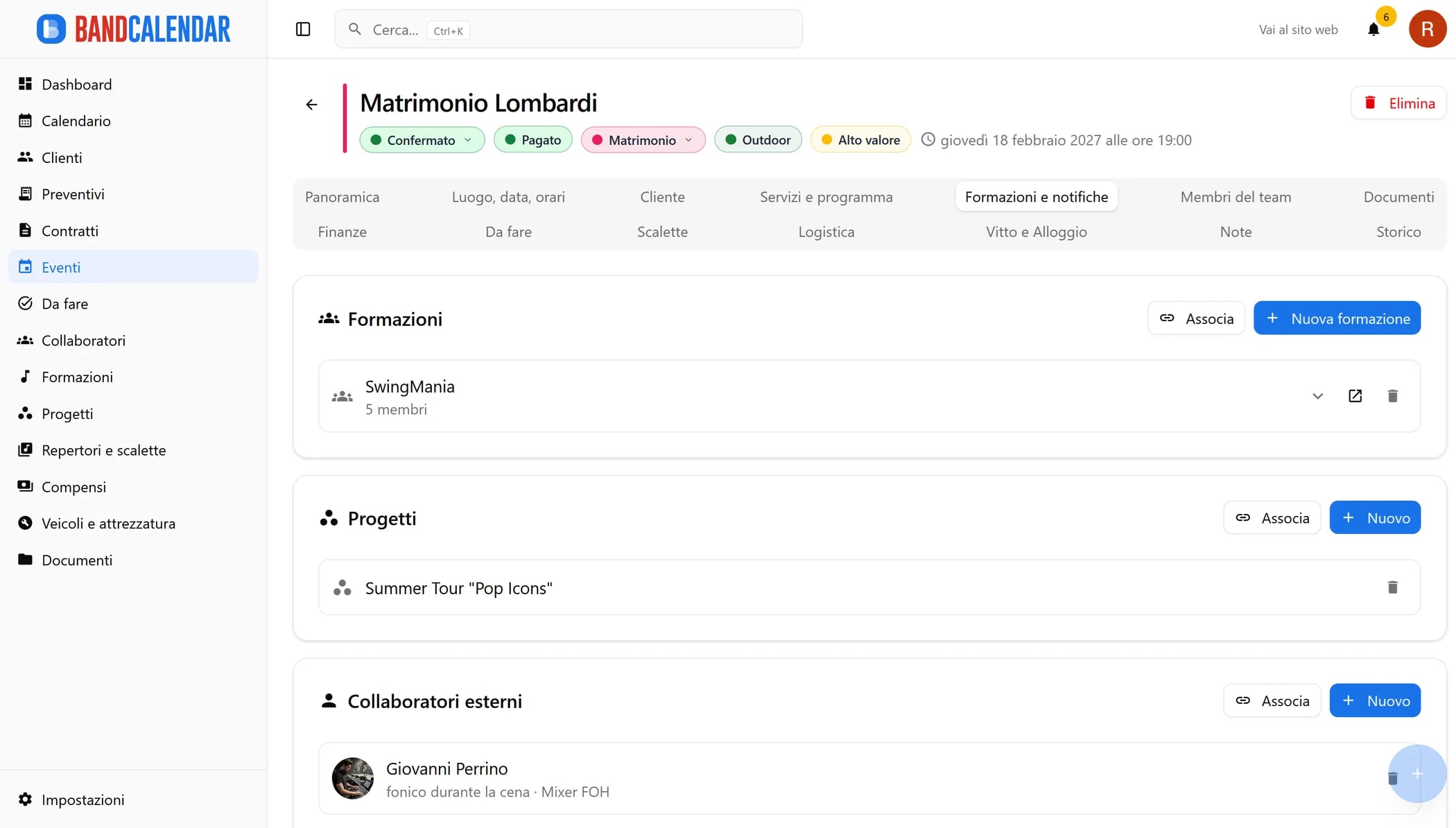 Tab Formazioni e notifiche del dettaglio evento BandCalendar con formazioni, progetti e collaboratori esterni associabili