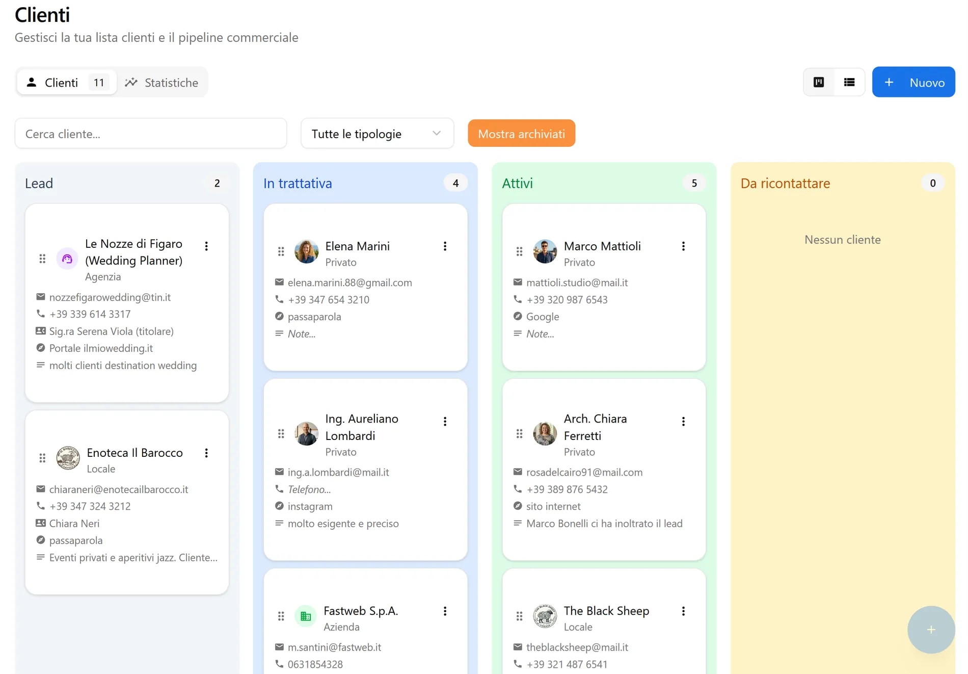 Pipeline Kanban clienti BandCalendar per band, wedding band e musicisti con card trascinabili, stati commerciali, filtri rapidi e workflow CRM per prenotazioni eventi