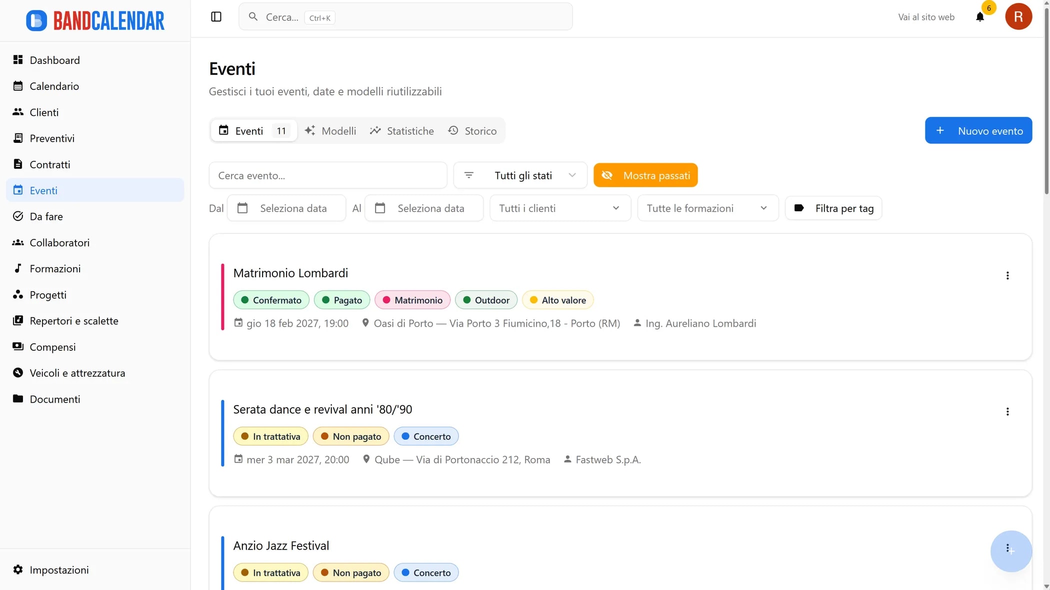 Elenco eventi BandCalendar con ricerca, filtri per stato, data, cliente, formazione e tag, card con stato, pagamento, tipo, luogo e cliente
