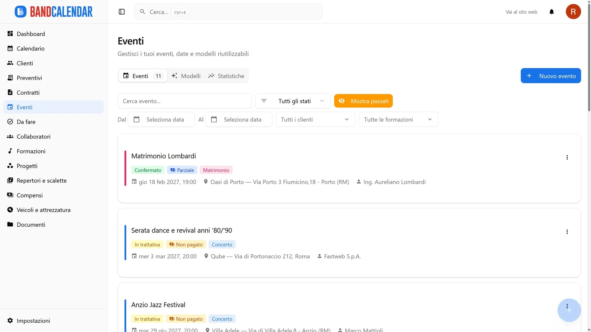 Panoramica eventi BandCalendar per band, wedding band e musicisti con card prenotazioni, stati evento, badge pagamento, filtri e gestione rapida degli ingaggi