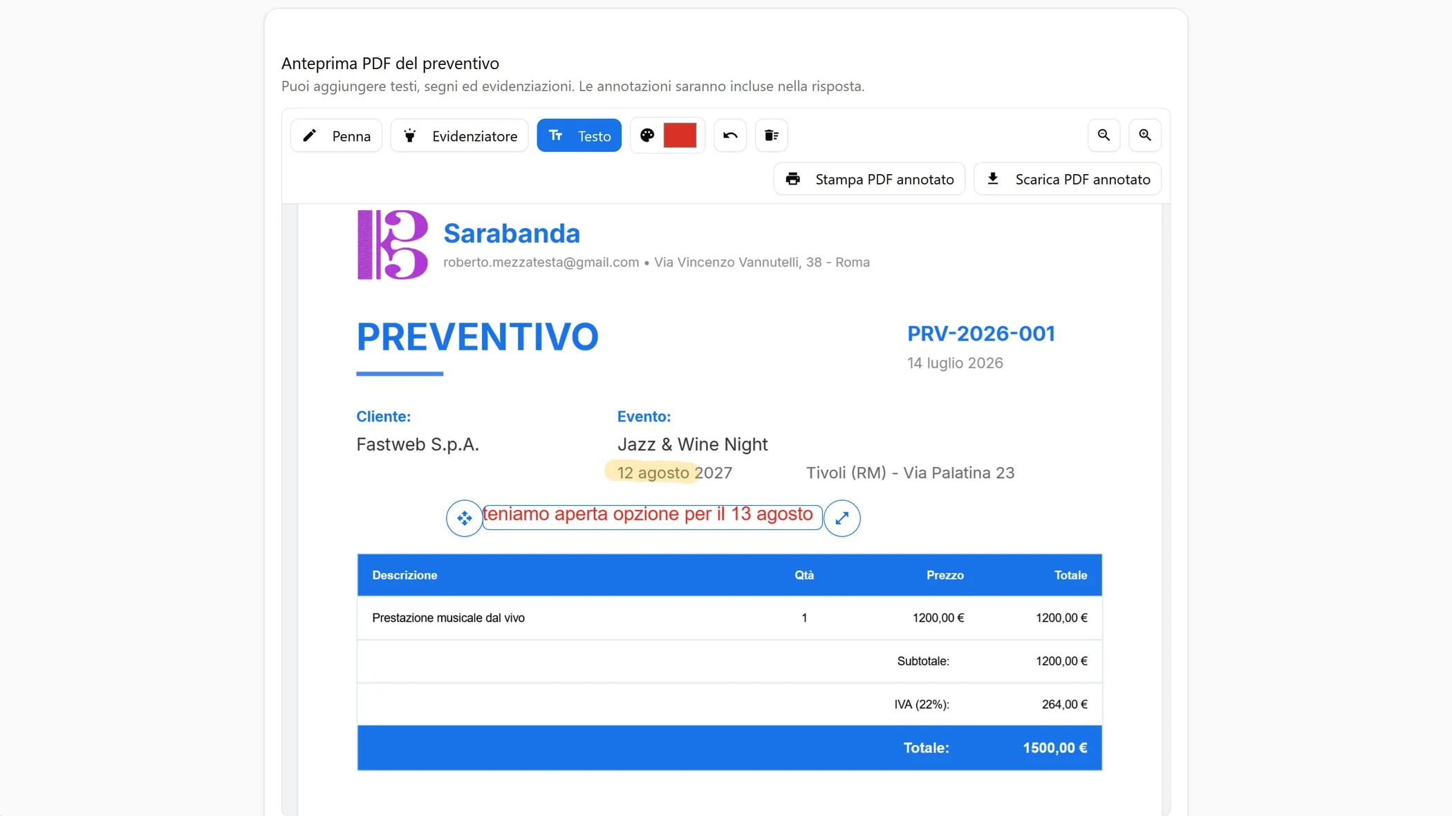 Landing pubblica BandCalendar per l'accettazione online del preventivo con anteprima PDF e strumenti per aggiungere testo, segni ed evidenziazioni