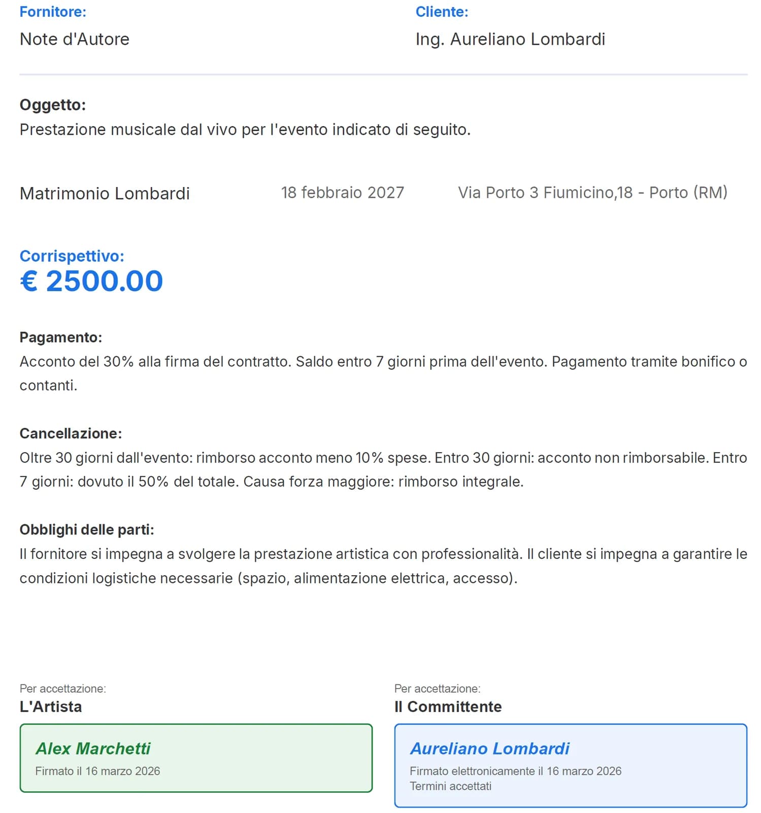 Editor contratto con firma digitale in BandCalendar — template personalizzabili con tag dinamici e controfirma cliente online