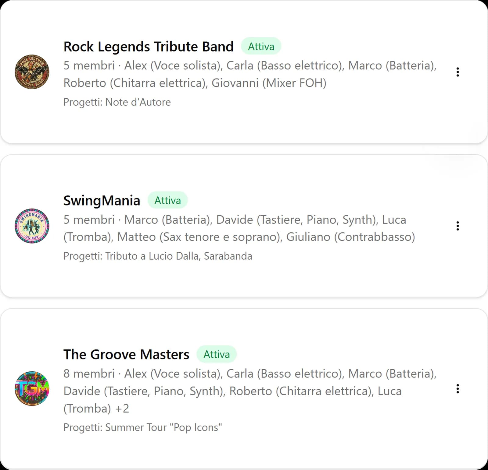 Gestione formazioni musicisti in BandCalendar — organizza i membri della band con ruoli, strumenti e associazioni a eventi