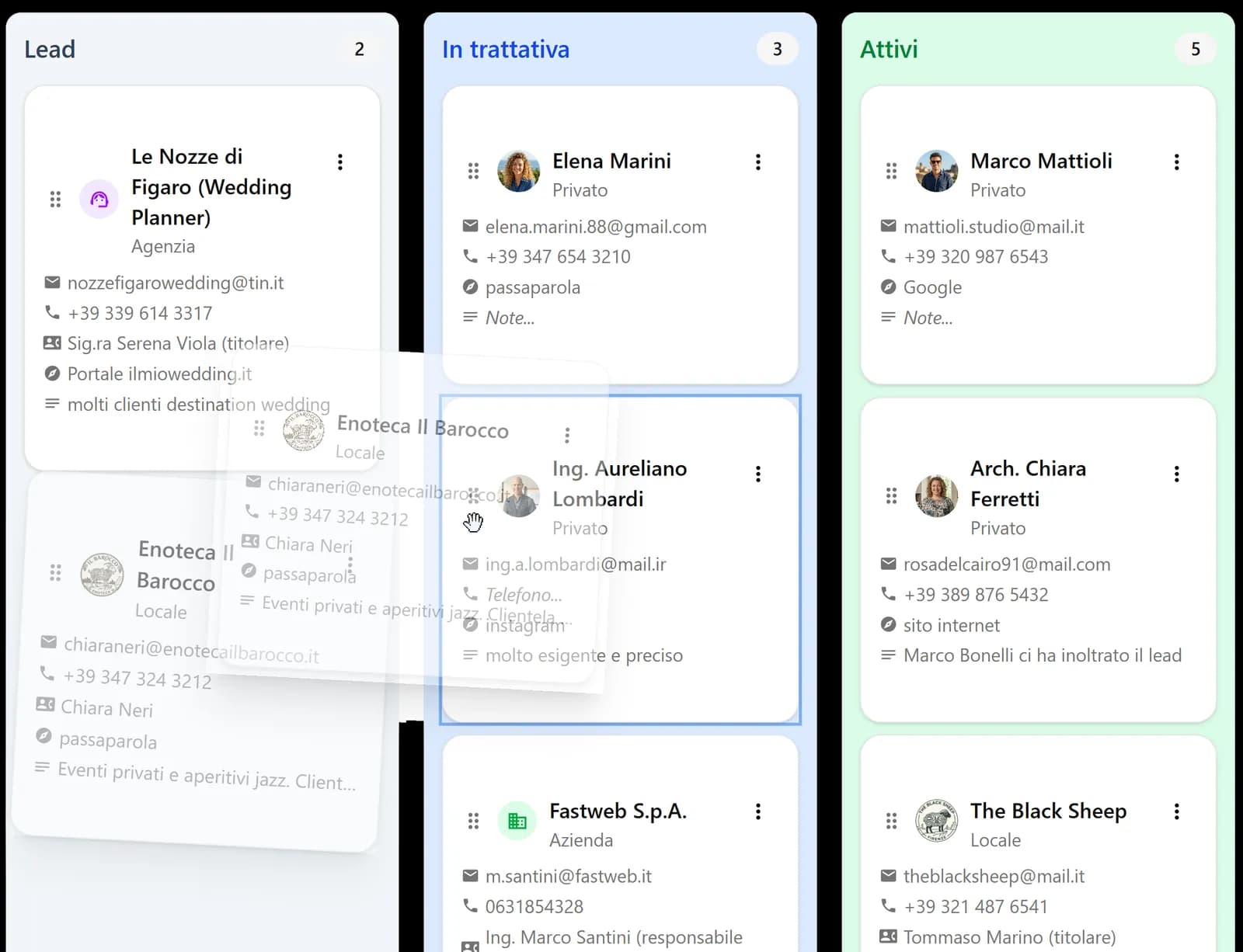 Vista Kanban gestione clienti in BandCalendar — pipeline commerciale con fasi Lead, In trattativa, Attivi e drag and drop